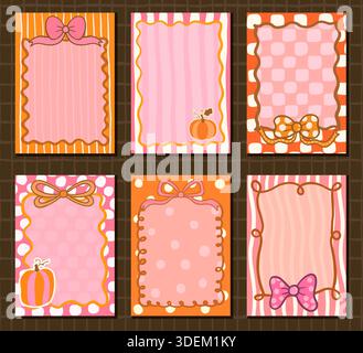 Cute pink and orange vector frames with bows and pumpkins, Rectangular text box shapes for invitations, menus for Thanksgiving and Halloween Stock Vector