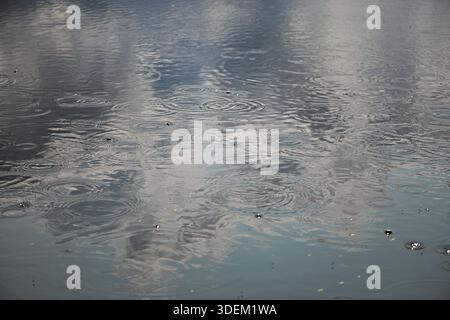 Raindrops form expanding rings on a water surface reflecting a cloudy sky, creating a calm atmospheric scene captured outdoors in Latvia. Stock Photo