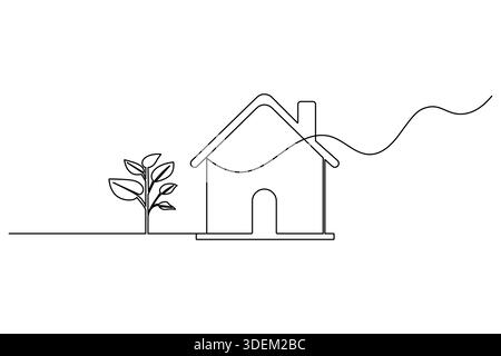 Continuous one line drawing of a simple house with a plant on white background Stock Vector