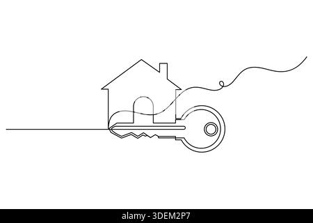 Continuous one line drawing of a house and key as a symbol for real estate Stock Vector