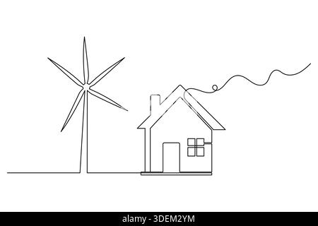 House continuous line drawing with wind turbine for renewable energy and eco friendly concept Stock Vector
