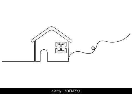 Continuous one line drawing of a simple house with window and door on white background Stock Vector