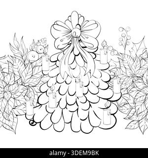 Arrangement With Festive Elements and Decorative Bow Seamless Pattern Background Border Featuring Candles and Lush Foliage in a Holiday Themed Design Stock Vector