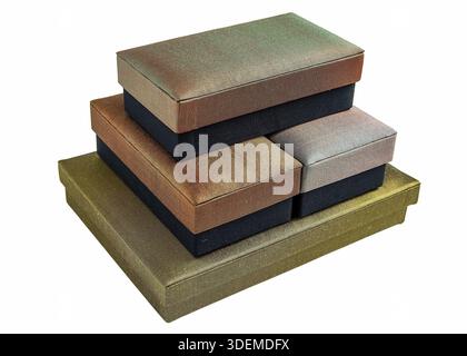 Stacked colored silk gift boxes isolated on white background Stock Photo