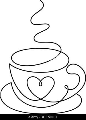 Minimalist black and white vector valentine continuous line art illustrating a steaming coffee cup with a heart design, conveying warmth and passion Stock Vector