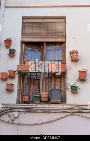 Window adorned with various flower pots and plants.. Ronda, Málaga, Spain, wood Stock Photo
