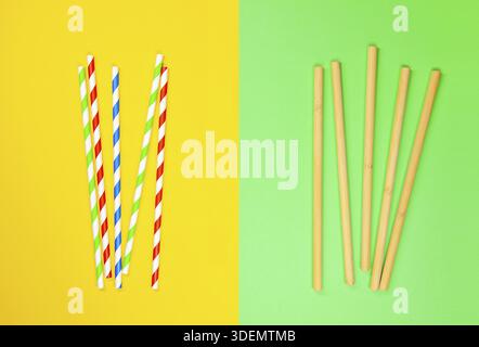 Modern reusable paper and bamboo, drinking straws as alternative replacement for single-use, classic disposable plastic drinking straw, isolated objec Stock Photo