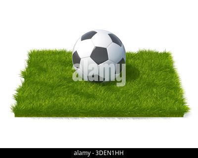 3D Rendered Soccer Ball on a Square Patch of Green Grass Stock Photo