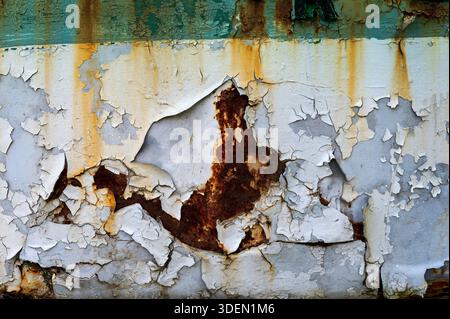 Close up of peeling paint and rust creating a grunge texture on a metallic surface, showcasing decay and the passage of time Stock Photo