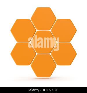 Seven Interconnected Orange Hexagons in a 3D Cluster Stock Photo