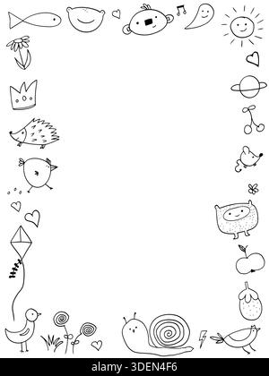 Playful doodle border with smiling animals on white background with copyspace, school or nursery posters Stock Vector