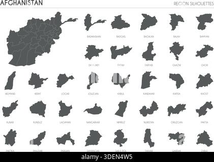 Afghanistan region silhouettes set and blank map of the country isolated on white background. Vector illustration design Stock Vector