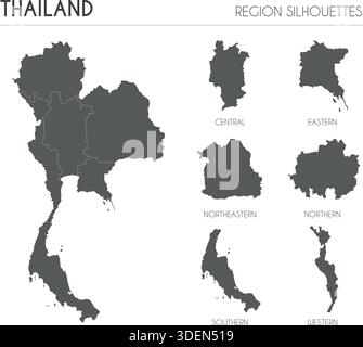 Thailand region silhouettes set and blank map of the country isolated on white background. Vector illustration design Stock Vector