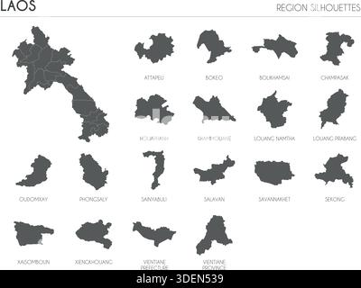 Laos region silhouettes set and blank map of the country isolated on white background. Vector illustration design Stock Vector