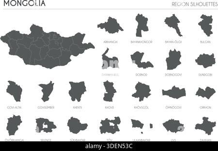Mongolia region silhouettes set and blank map of the country isolated on white background. Vector illustration design Stock Vector