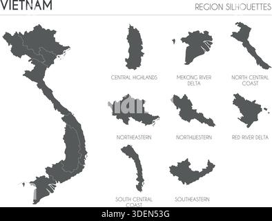 Vietnam region silhouettes set and blank map of the country isolated on white background. Vector illustration design Stock Vector