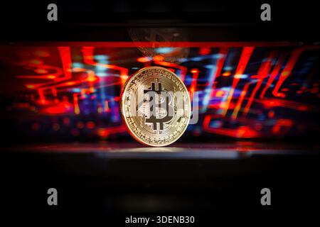 Bitcoin against technology background. Stock Photo
