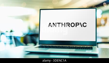 POZNAN, POL - OCT 28, 2025: Laptop computer displaying logo of Anthropic PBC, an American artificial intelligence startup company Stock Photo