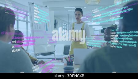 Presenting woman in yellow overalls leading meeting in office, with laptop flipchart code overlay Stock Photo