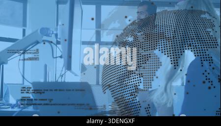 Working team of four wearing collared tops, leaning over monitors in office, with dotted globe Stock Photo