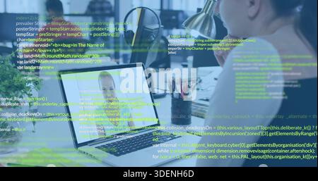 Coding woman with glasses, dark-top, typing on laptop at office desk with code overlay, copy space Stock Photo