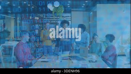 Collaborating seven staff sharing ideas at table in open office, with laptop, binary overlay Stock Photo