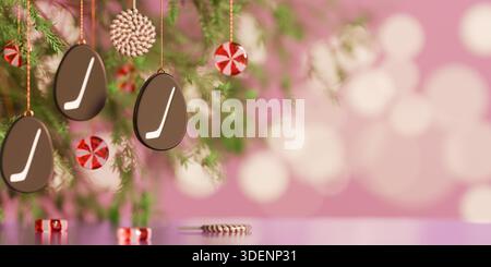 Hockey puck easter eggs and peppermint ornaments hanging on green branches for easter. 3d rendering Stock Photo
