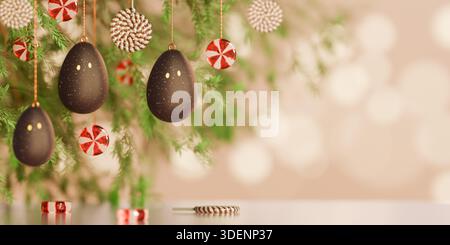 Squash ball easter eggs and peppermint ornaments hanging on green branches for easter. 3d rendering Stock Photo