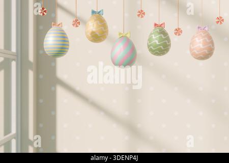 Pastel colored Easter eggs decorated with bows and candies hanging by strings indoors. 3d rendering Stock Photo