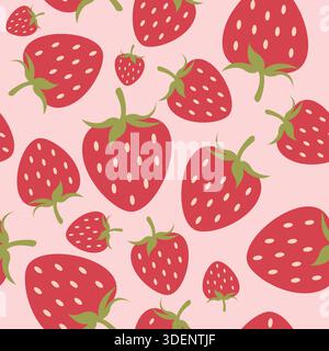 Strawberry summer seamless vector children's pattern. Repeating background with summer fruits on pink. Cute design for fabric, gift wrap, packaging. Stock Vector