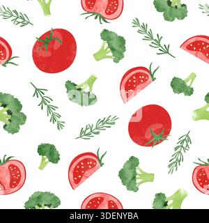 Seamless watercolor vegetable pattern with broccoli, tomatoes and rosemary Stock Vector