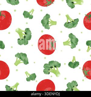 Seamless watercolor vegetable pattern with broccoli and tomatoes Stock Vector