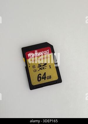Transcend 64GB SDXC I memory card. Secure Digital card, flash memory. Essential for digital photography, video, and data storage. Stock Photo