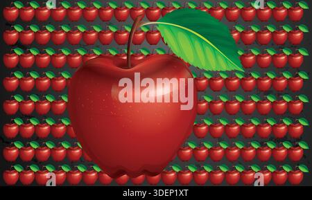 Various same size small apple display in horizontal line with midst huge apple on black background Stock Vector