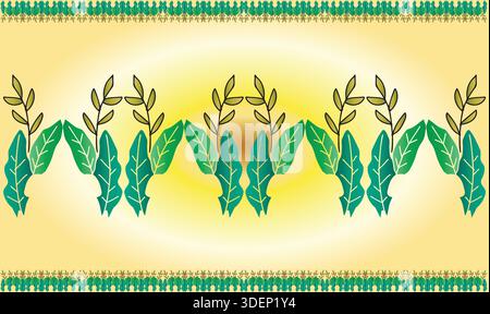 Various small and big combination of green leaf together make artwork in horizontal border on abstract yellow background Stock Vector