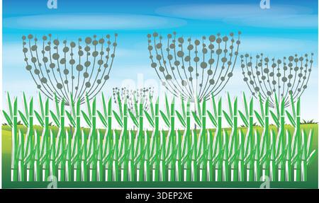 Various green stem in horizontal straight line decorate with grey dotted semi-circle on blue background Stock Vector