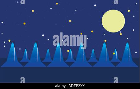 Various small and big blue pillar in horizontal straight line make artwork with colourful circles on dark background Stock Vector