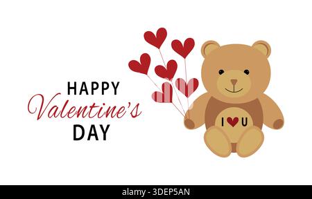 Happy Valentine’s Day card design featuring an adorable teddy bear holding a heart symbol of love. Stock Vector