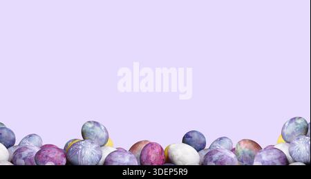 Easter eggs background. Painted eggs lawn. Conceptual spring wallpaper, minimalist style, cold shades Easter eggs, isolated on light blue Stock Photo