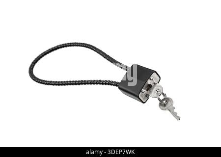Black cable gun lock with metal keys isolated on white background for firearm safety. Stock Photo