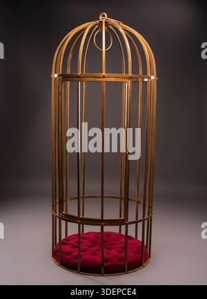 Human-sized golden birdcage with an open door and red velvet cushion on a gray background. Stock Photo