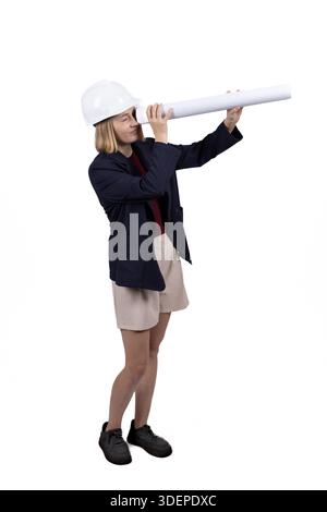 Woman in a white hardhat looking through a telescope. Stock Photo