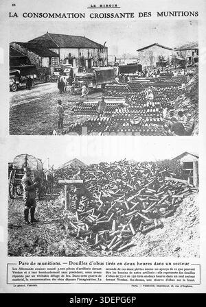 A 1916 page from "Le Miroir"  dated April 2, 1916 "La consommation croissante des munitions" illustrates the immense scale of artillery warfare during the Battle of Verdun. The top image shows a vast ammunition park at the front, while the bottom image depicts a massive pile of 75mm and 150mm shell casings fired in just two hours within a single sector. The text notes that the French responded to a German force of 3,000 guns with a "deluge of fire," highlighting industrial-scale combat. Stock Photo