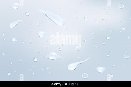 Fresh water splash effect on the surface.Liquid spreading droplet shapes.Rain transparent drops flow down the glass.Realistic wet condensation texture. Stock Vector