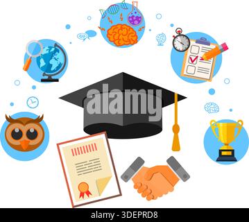 Higher Education Banner with Flat Icon Set for Flyer, Poster, Web Site. isolated vector illustration Stock Vector