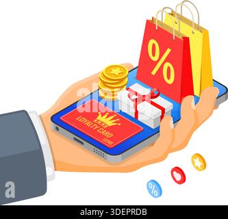 Customer loyalty programs as part of customer return marketing. gift box, returns, interest, points, bonuses. hand with smartphone gives gifts for bon Stock Vector