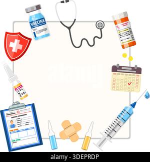 Vaccination concept banner. time to vaccinate medical document with syringe, vaccine bottle, patient medical card. flat style icon. vector illustratio Stock Vector