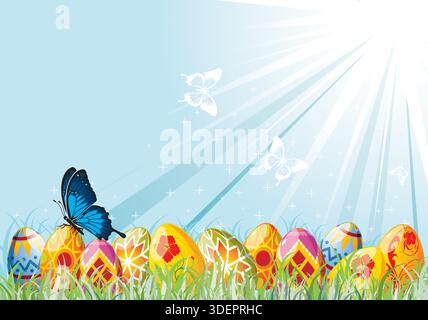 Easter Eggs with Ornament in Grass with Sample Text (easy removable), vector illustration Stock Vector