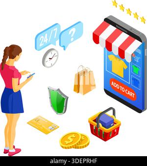 Smartphone with online store, credit card, Customer. Internet Shopping and Online Electronic Payments Concept. Isometric icons. landing page template. Stock Vector