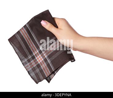 Woman holding brown handkerchief on white background, closeup Stock Photo
